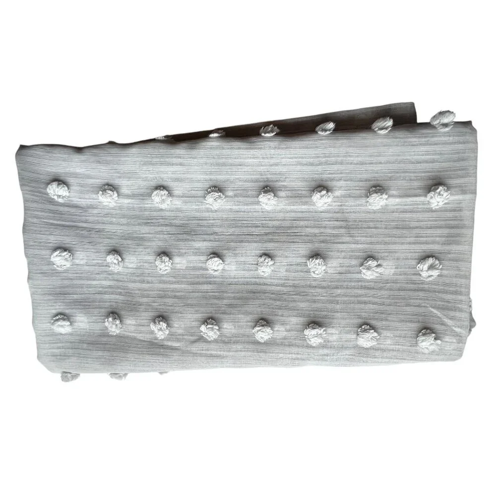 Textured Lightweight Gray Curtain Panel With Woven Pom-Pom Design 96X50 Weighted